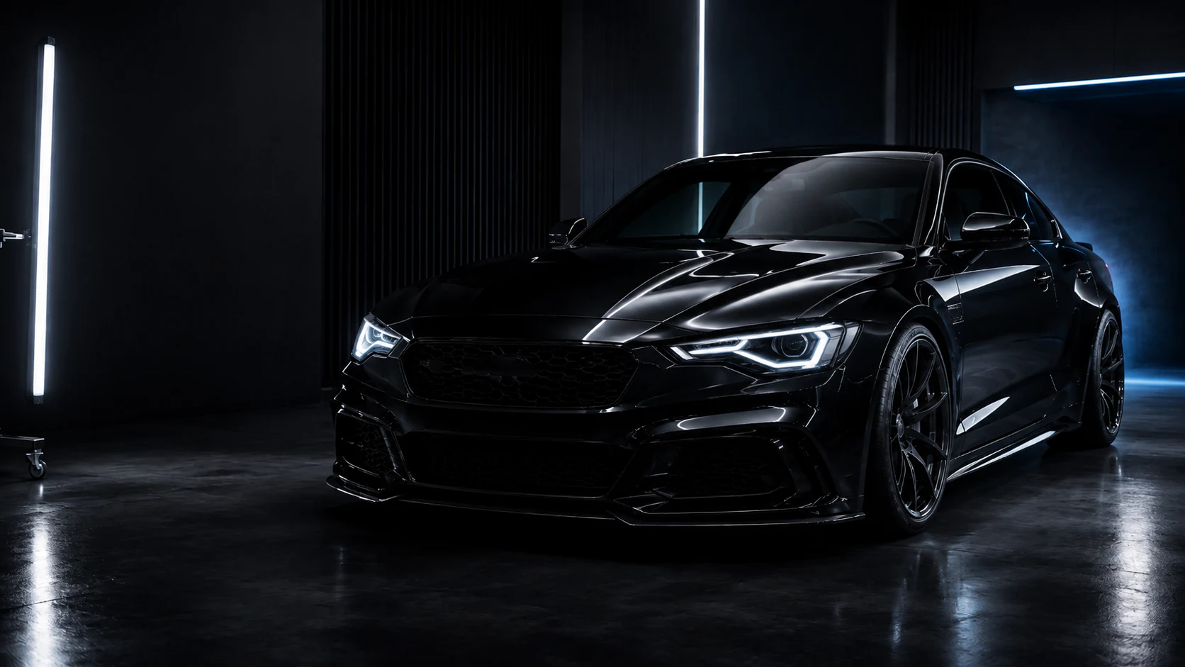 Carrosserie sombre sous des lumières de contrôle — image éditoriale de marque