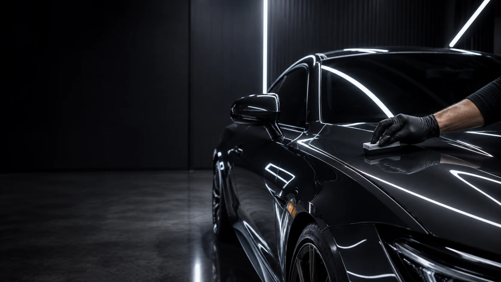 Application précise sur une carrosserie sombre — image éditoriale de marque